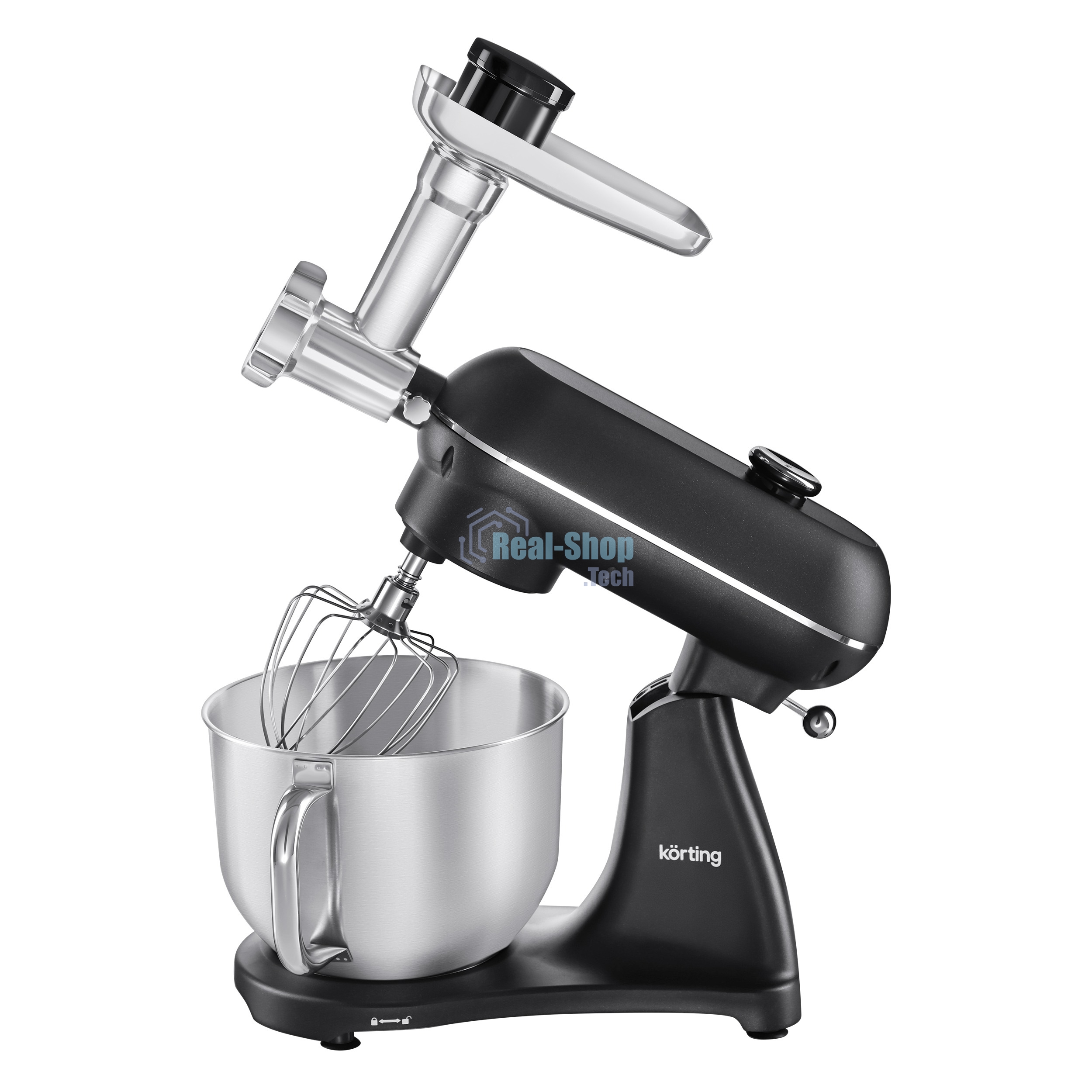 Кухонная машина KORTING KKM 0107 MB N, мощность 1500 Вт, 5 насадок, объем чаши 6.5 л, сенсорный дисплей/механическое управление, планетарное вращение, 11 скоростей, турборежим, импульсный режим, таймер, насадка для смешивания/крюк для теста/веничк/мясоруб