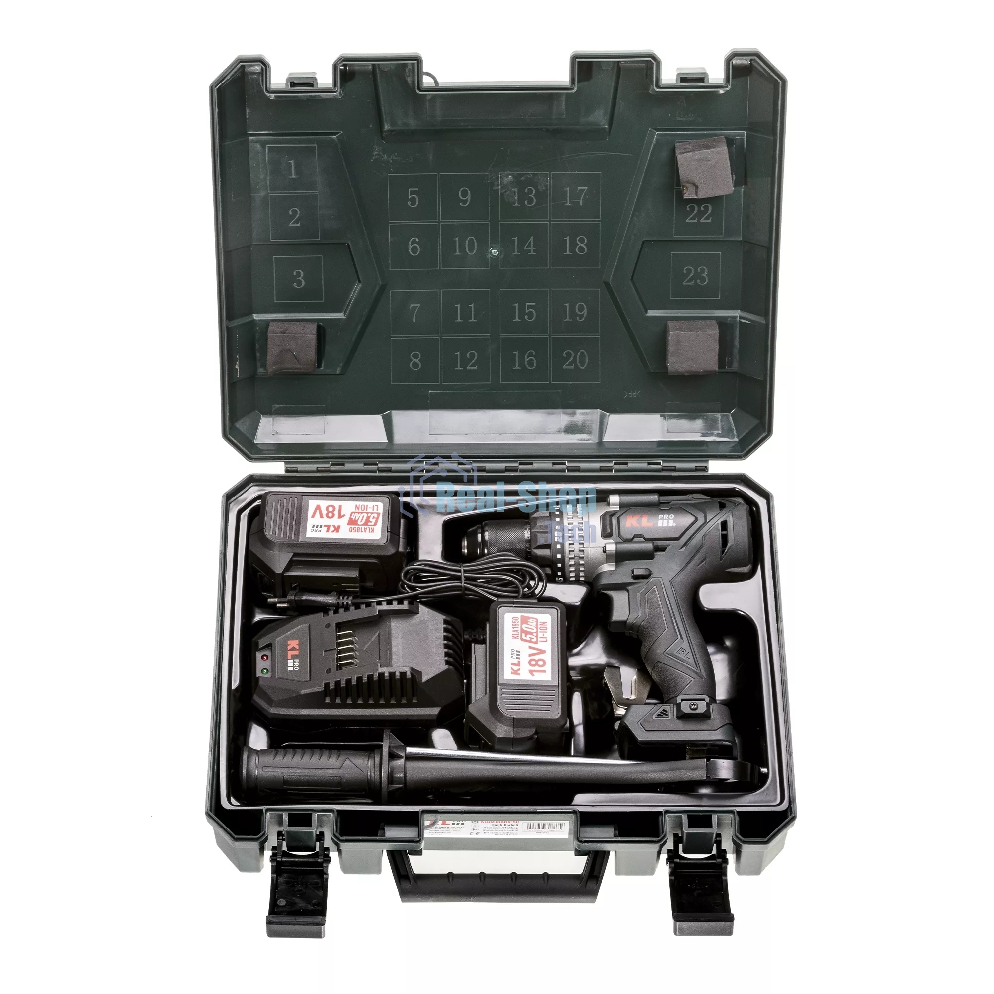 Профессиональный аккумуляторный бесщеточный ударный шуруповерт Klpro KLDM18BHX-50 (18В, Li-ion-2шт, 5.0А·ч, 150Нм, 2 скорости, подсветка, магнитная бита,З/У,в кейсе)