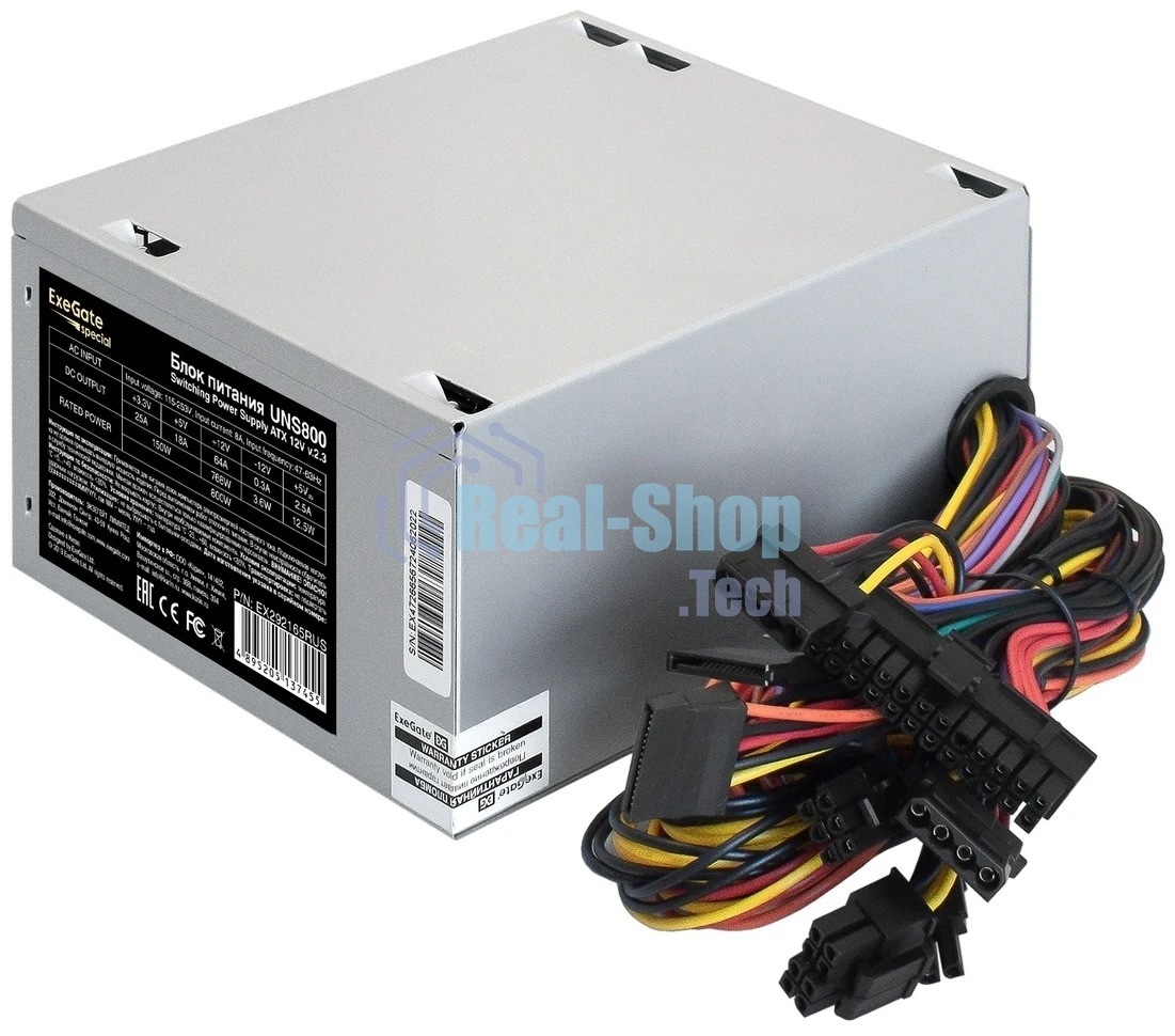 Блок питания ExeGate UNS800, 800W, (ATX, SC, 12cm fan, 24pin, 2x(4+4)pin, 2xPCI-E, 5xSATA, 3xIDE, кабель 220V 1,8м с защитой от выдергивания)