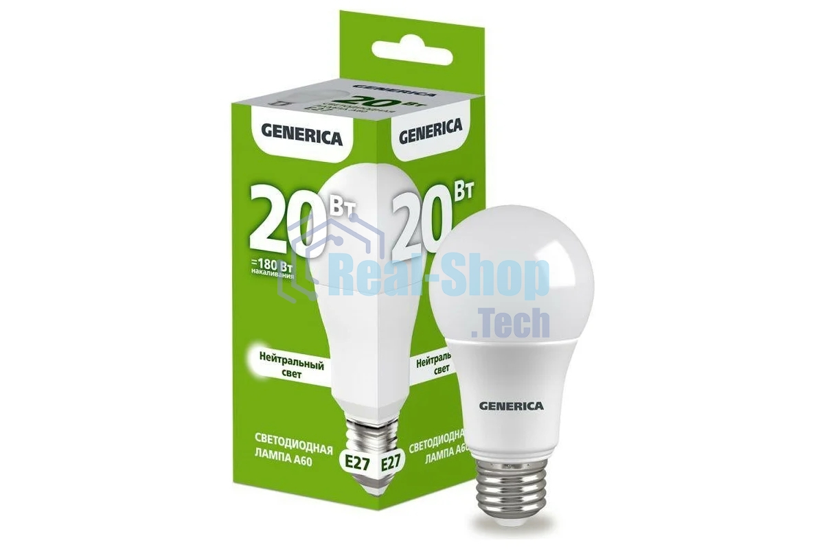 Лампа светодиодная GENERICA LL-A60-20-230-40-E27-G A60 20 Вт грушевидная 4000К E27 230В