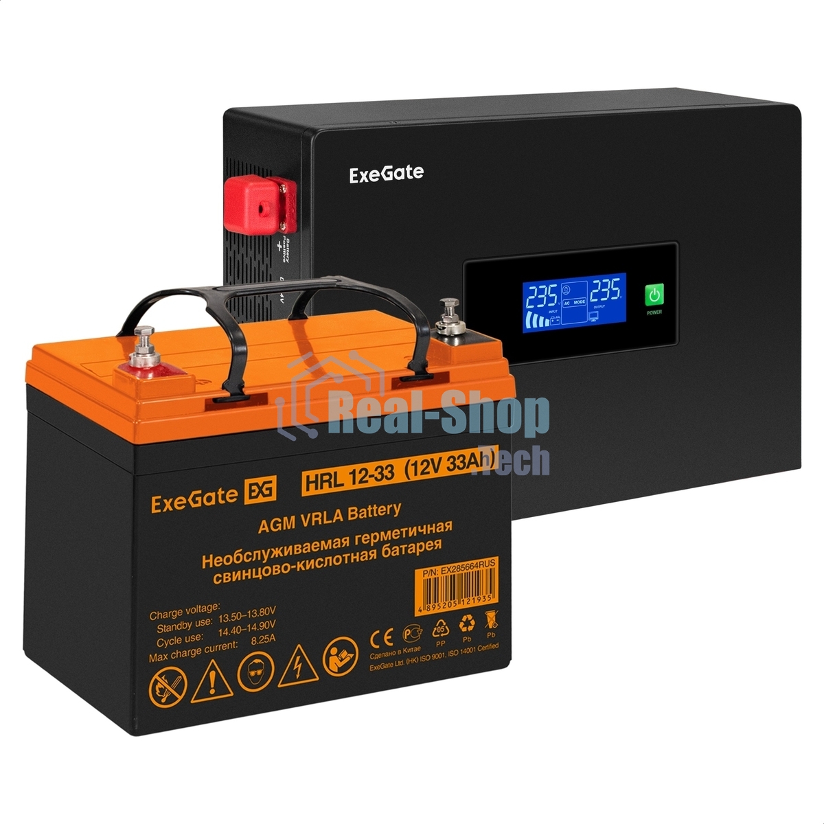 Комплект Источник бесперебойного питания EX295992RUS + батарея 33Aч EX285664RUS 1шт (инвертор, синус, для котла, PF=1, настенный) ExeGate IdealSine SR-600.LCD.2SH <600VA/600W, чистая синусоида, цветной LCD-дисплей, 2*Schuko, крепление настенное, Black> + батарея ExeGate HRL 12-33 (12В, 33Ач) 1шт