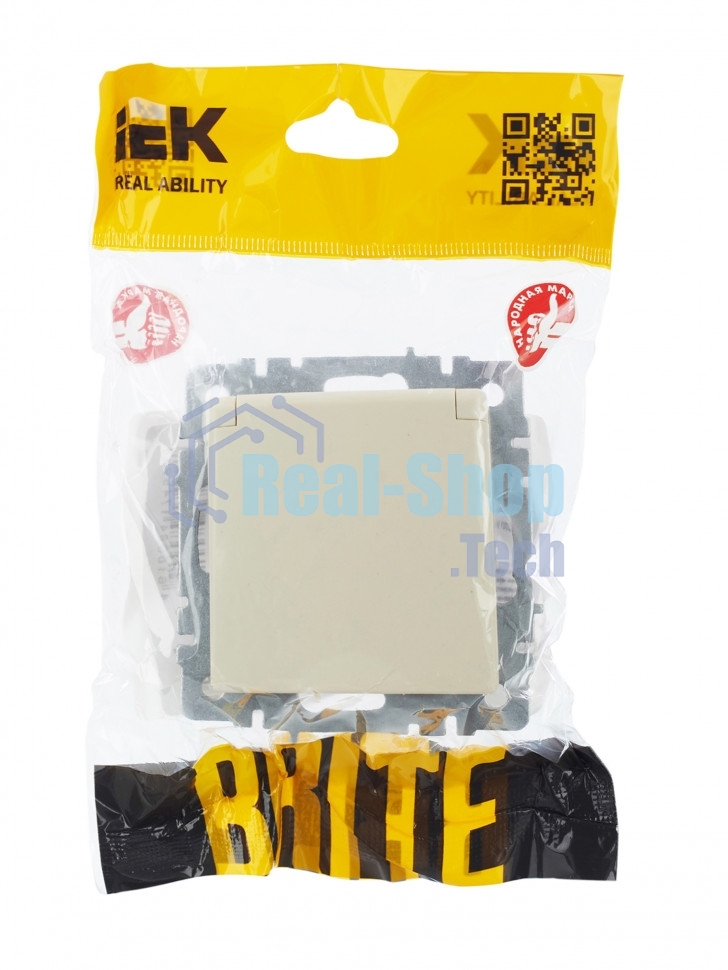 Розетка 1-местная IEK BRITE РСбш10-3-44-БрКр с заземлением, с защитными шторками и крышкой, 16А, IP44, бежевый