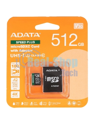 Флеш карта microSD ADATA 512Gb microSDXC Class 10 UHS-I U3 V30 A2 180/160 MB/s (SD адаптер)