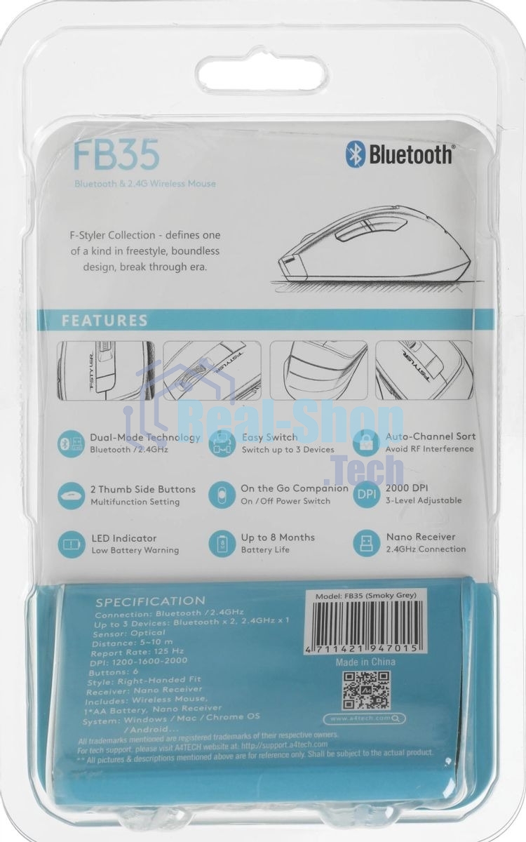 Мышь беспроводная A4Tech Fstyler FB35 серый, 2000 dpi, радиоканал, Bluetooth, USB, кнопки - 6