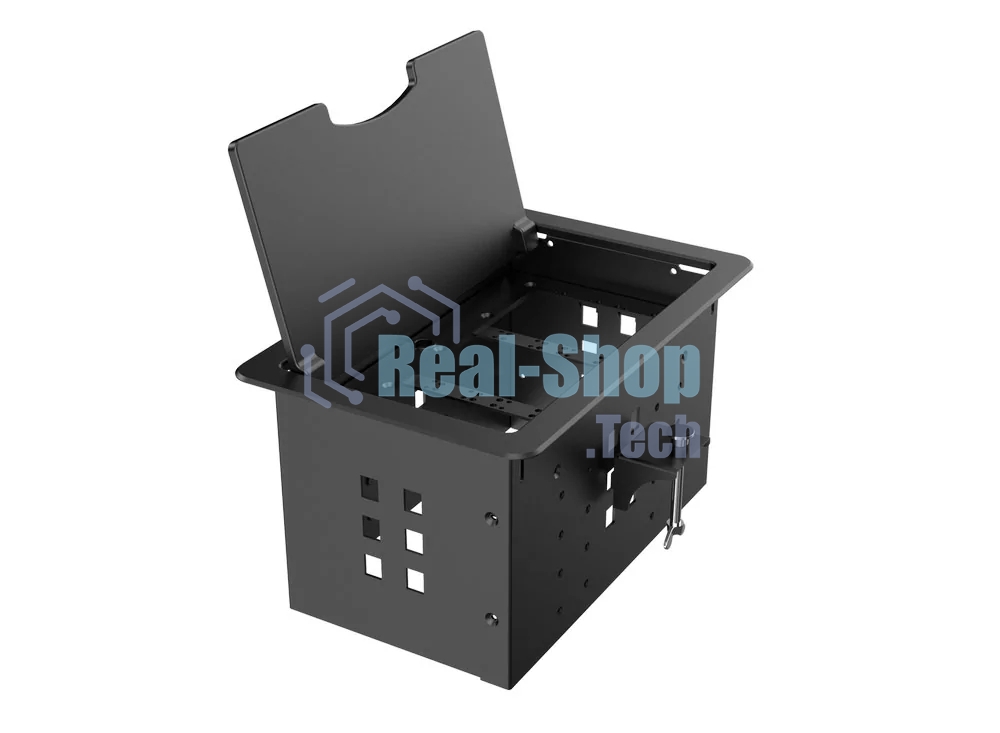 Прямоугольный металлический корпус Wize Pro WRTS-12BOX-B для модульной системы врезного лючка в стол с откидывающейся крышкой, до12 модулей-вставок, беспроводная зарядка 10Вт для моб.устройств на крышке, преустановленная рамка,черный