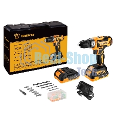 Дрель-шуруповерт аккумуляторная Deko GCD20DU PRO, 20В, 2 АКБ, Кейс + набор 63 инструмента для дома