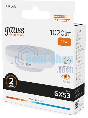 Лампа светодиодная Gauss Elementary 15Вт цок.:GX53 таблетка 220B св.свеч.бел.теп. (упак.:10шт) (83815)
