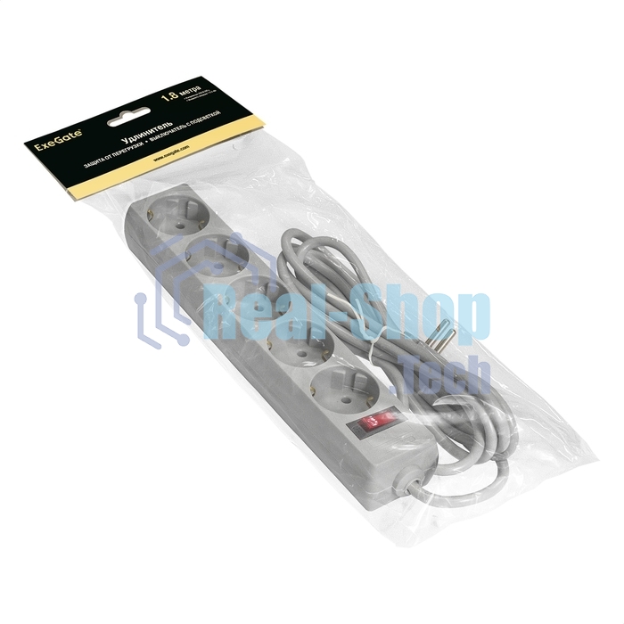 Удлинитель Exegate EC-5-1.8G (EX285798RUS), серый, 1,8 м, евровилка с заземлением, 5 евророзеток с заземлением, 2200 Вт