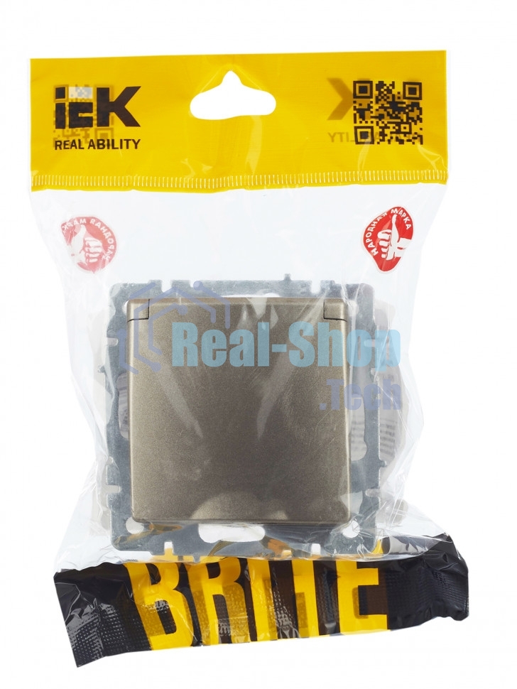 Розетка 1-местная IEK BRITE РСбш10-3-44-БрШ с заземлением, с защитными шторками и крышкой, 16А, IP44, шампань