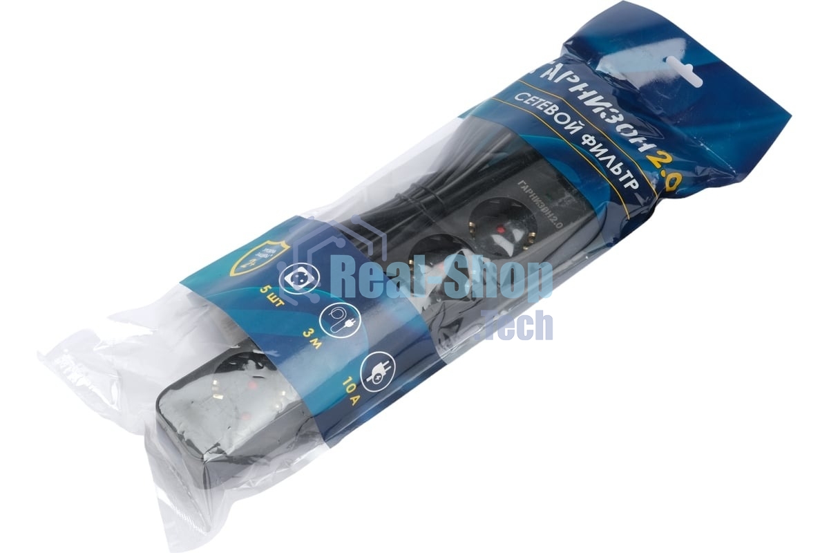 Сетевой фильтр Гарнизон 2.0 EPS-5-B-3 5р, 10А, 3 м, ур.защиты 2+, черный, пакет (21443)