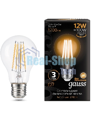 Лампа светодиодная Gauss Filament 102902112 12Вт цок.: E27 груша 185B св. свеч. белый теп. грушевидная (упак.: 10 шт)