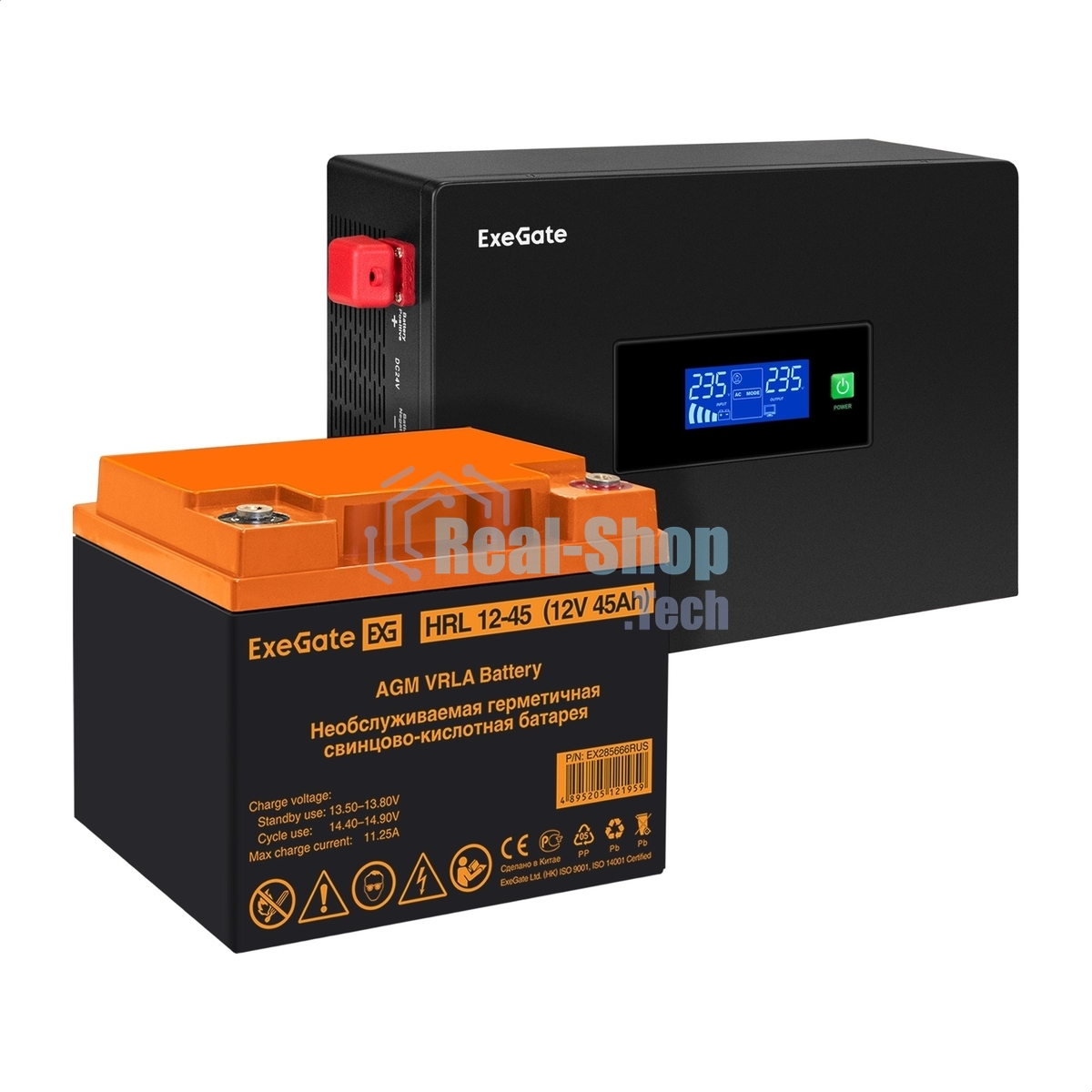 Комплект Источник бесперебойного питания EX295992RUS + батарея 45Aч EX285666RUS 1шт (инвертор, синус, для котла, PF=1, настенный) ExeGate IdealSine SR-600.LCD.2SH <600VA/600W, чистая синусоида, цветной LCD-дисплей, 2*Schuko, крепление настенное, черный> + батарея ExeGate HRL 12-45 (12В, 45А·ч) 1шт