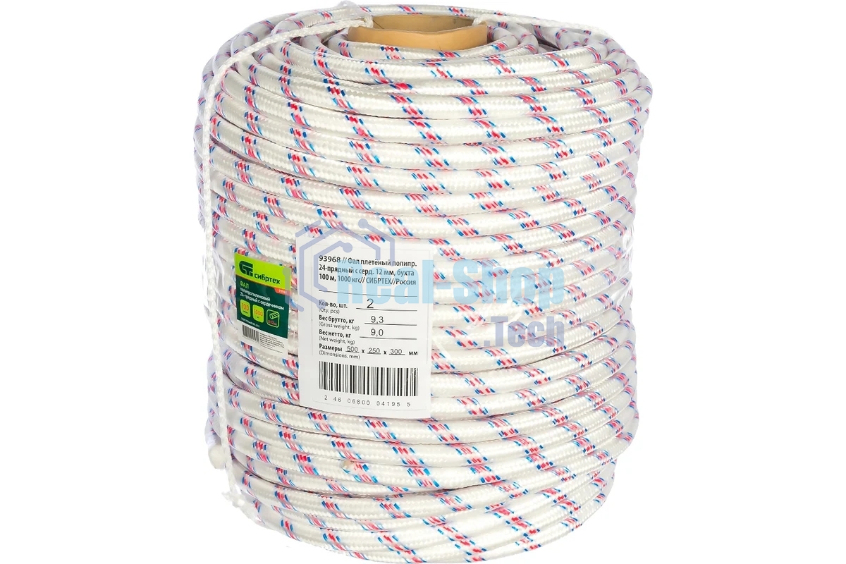 Фал плетеный Сибртех 24-прядный полипропиленовый с сердечником 12 мм, бухта 100 м, 1000 кгс,