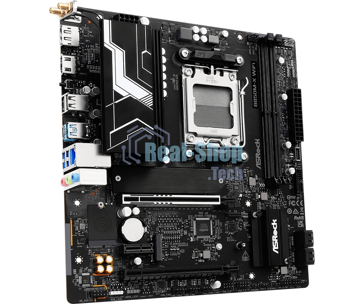 Материнская плата ASROCK B850M-X WIFI R2.0, AM5, AMD B850, 2xDDR5, 4xSATA, 2xM.2, 1xPCIe 5.0 x16, 1xPCIe 4.0 x4, 1xPCIe 3.0 x1, 1xDP, 1xHDMI, 1x2.5Gb LAN, Wi-Fi 6E, BT 5.2, 1xUSB-C 5Gbps, 3xUSB-A 5Gbps, 2xUSB-A 2.0, 3x3.5 мм, 7.1, mATX