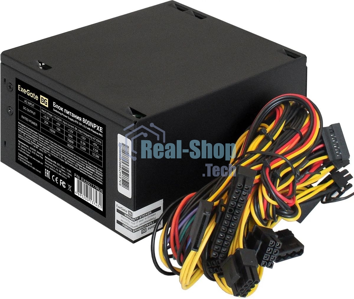 Блок питания ExeGate 800NPXE, 800W, (ATX, PPFC, PC, 12cm fan, 24pin, (4+4)pin, 2xPCI-E, 5xSATA, 3xIDE, черный, кабель 220V в комплекте 1,8м)