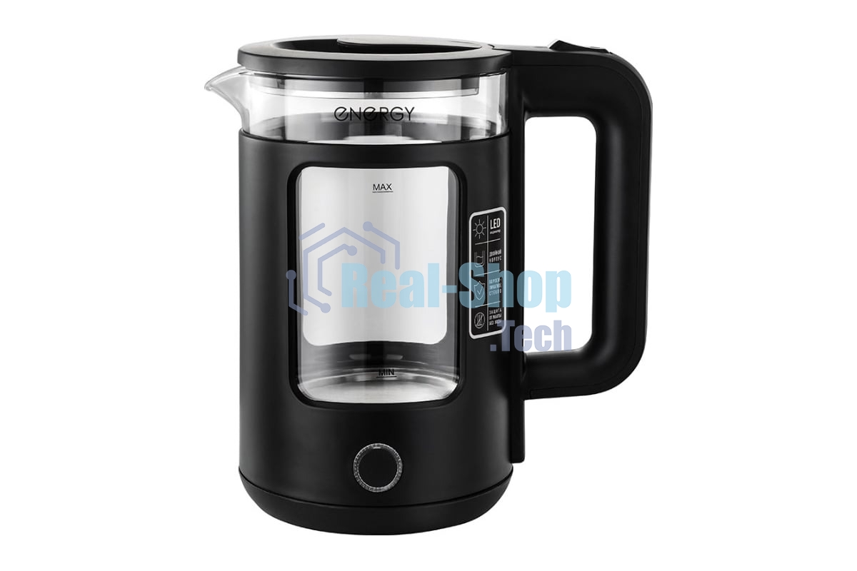 Чайник электрический Energy E-256, 1500Вт, 1,5л, стекло, черный