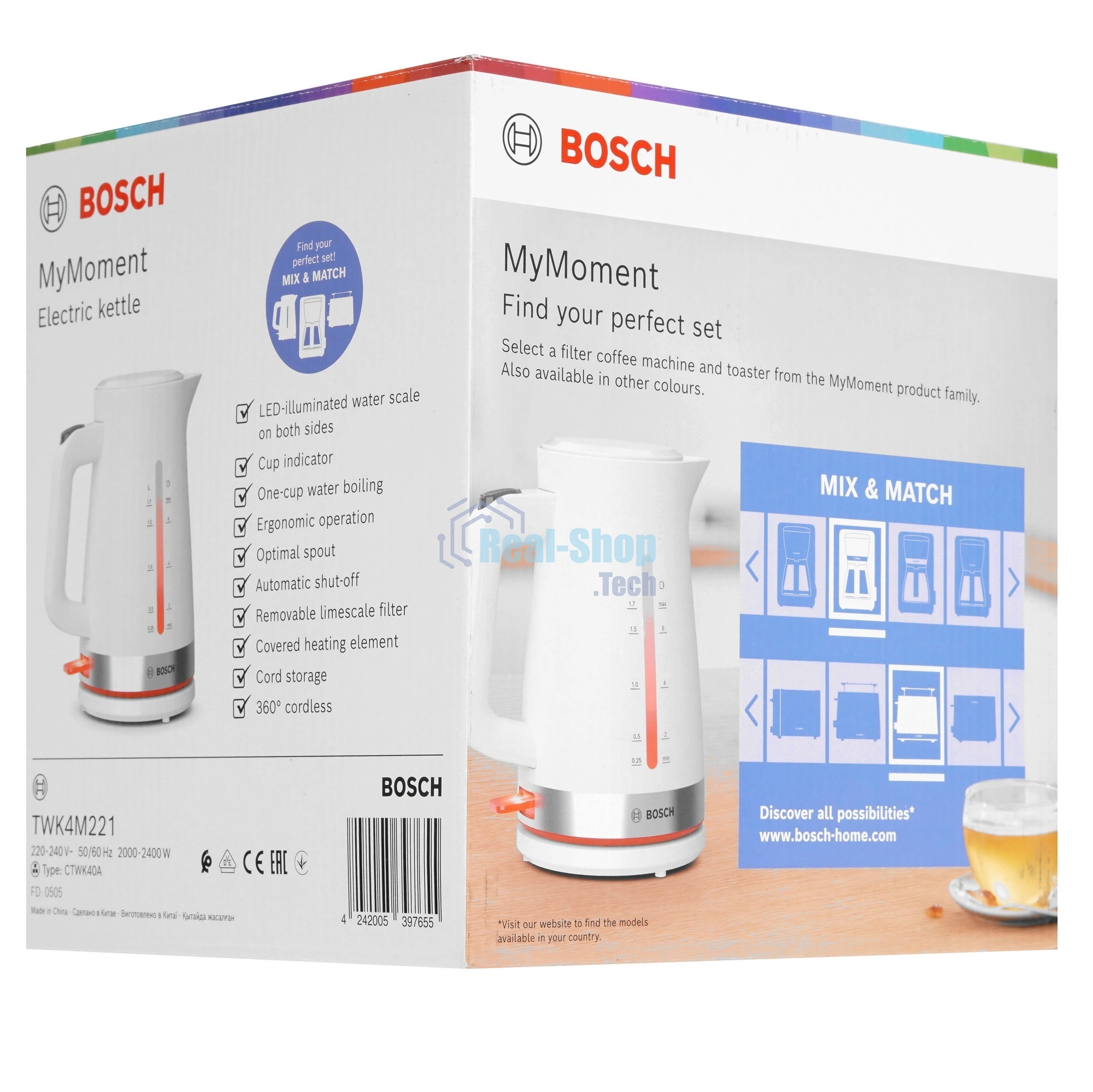 Чайник электрический Bosch TWK4M221 белый, 1.7 л, 2400 Вт, скрытый нагревательный элемент