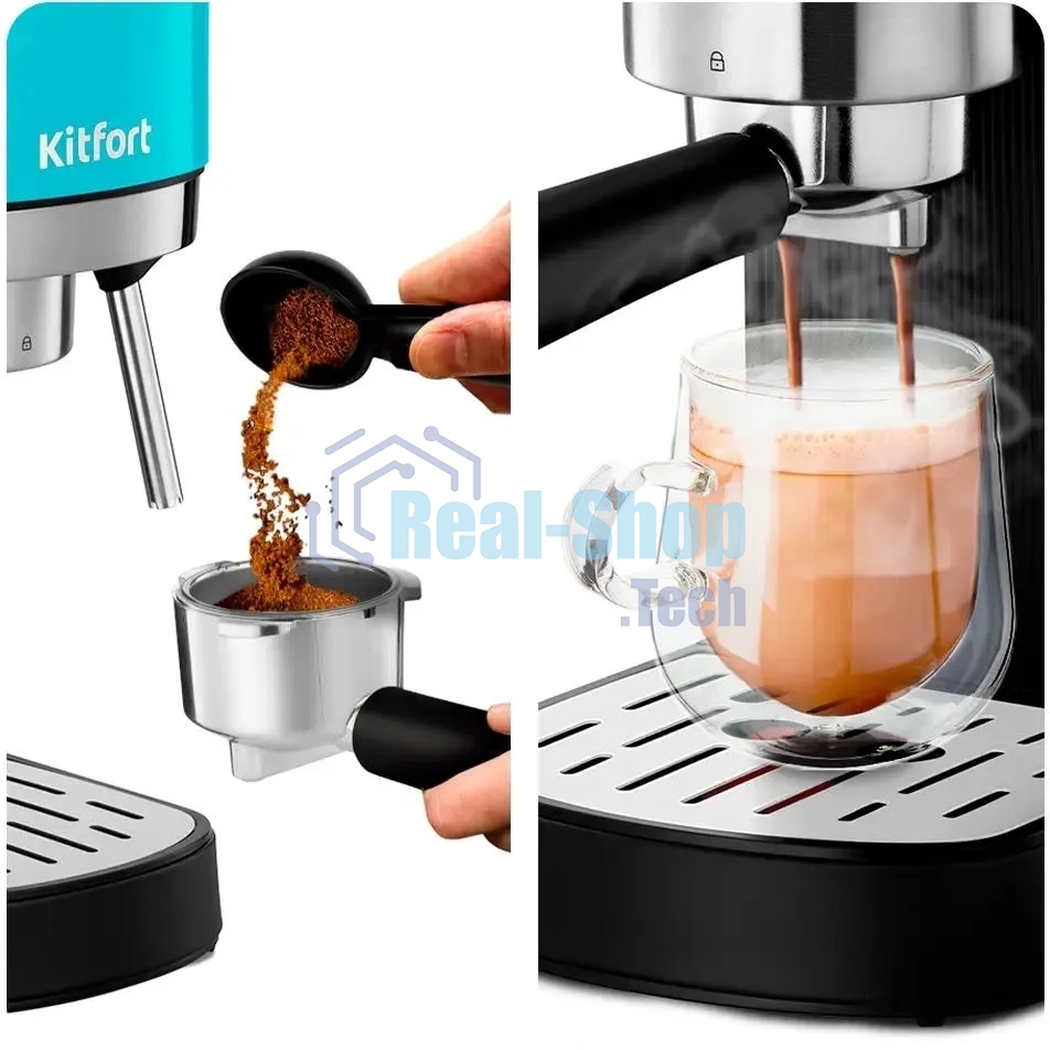 Кофеварка рожковая Kitfort КТ-7461 бирюзовый/черный, исп. кофе - молотый, 1.2 л, 1350 Вт, 20 бар