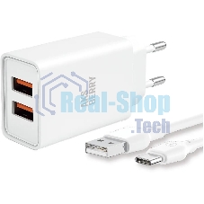 Зарядное устройство Aksberry T38 2 USB 2.4A + Type-C белый