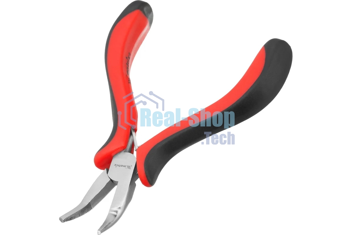 Длинногубцы Matrix Mini, 130 мм, никелированные, изогнутые, авторазжим, двухкомпонентные рукоятки