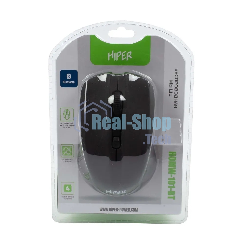 Мышь беспроводная HIPER HOMW-101-BT черный, 1600 dpi, радиоканал, USB, кнопки - 4