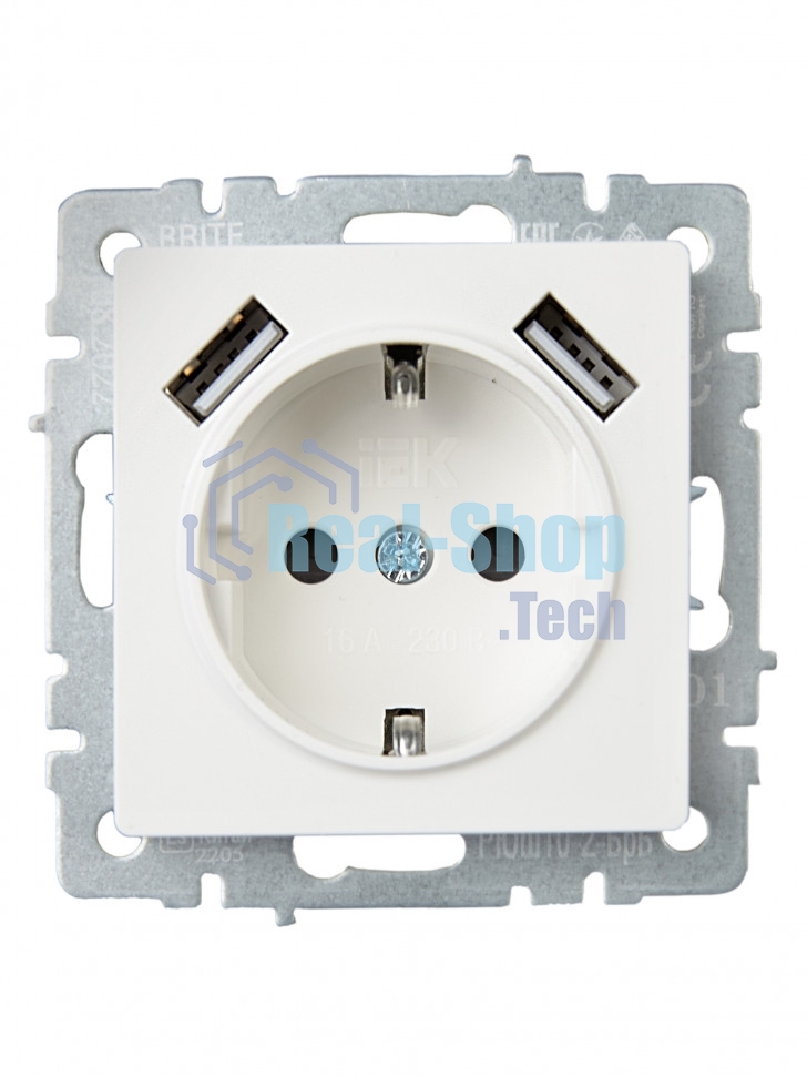 Розетка 1-местная IEK BRITE РЮш10-2-БрБ (BR-R14-16-U21-D31-K01) с заземлением, с защитными шторками, 16А, с USB A+A 5В 3,1А, белый