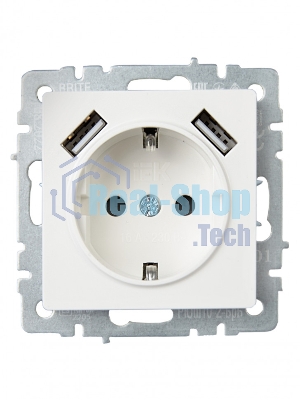 Розетка 1-местная IEK BRITE РЮш10-2-БрБ (BR-R14-16-U21-D31-K01) с заземлением, с защитными шторками, 16А, с USB A+A 5В 3,1А, белый