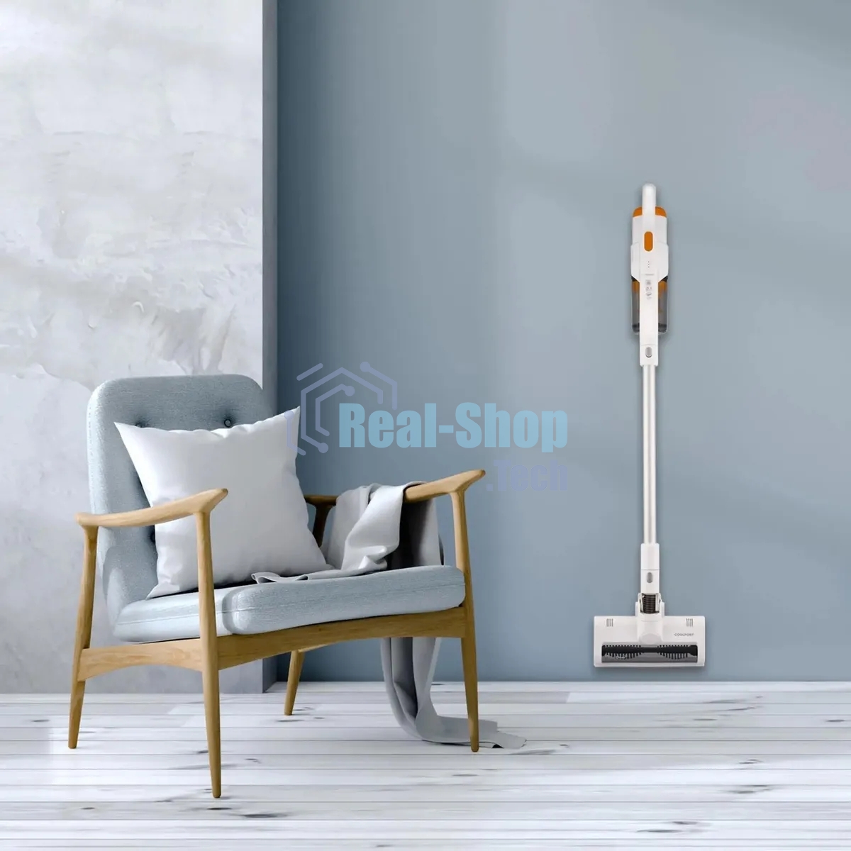 Пылесос вертикальный Coolfort CF-3001 белый, питание от аккумулятора, 150 Вт, уборка сухая, пылесборник 0.5 л, работа от АКБ max 30 мин.