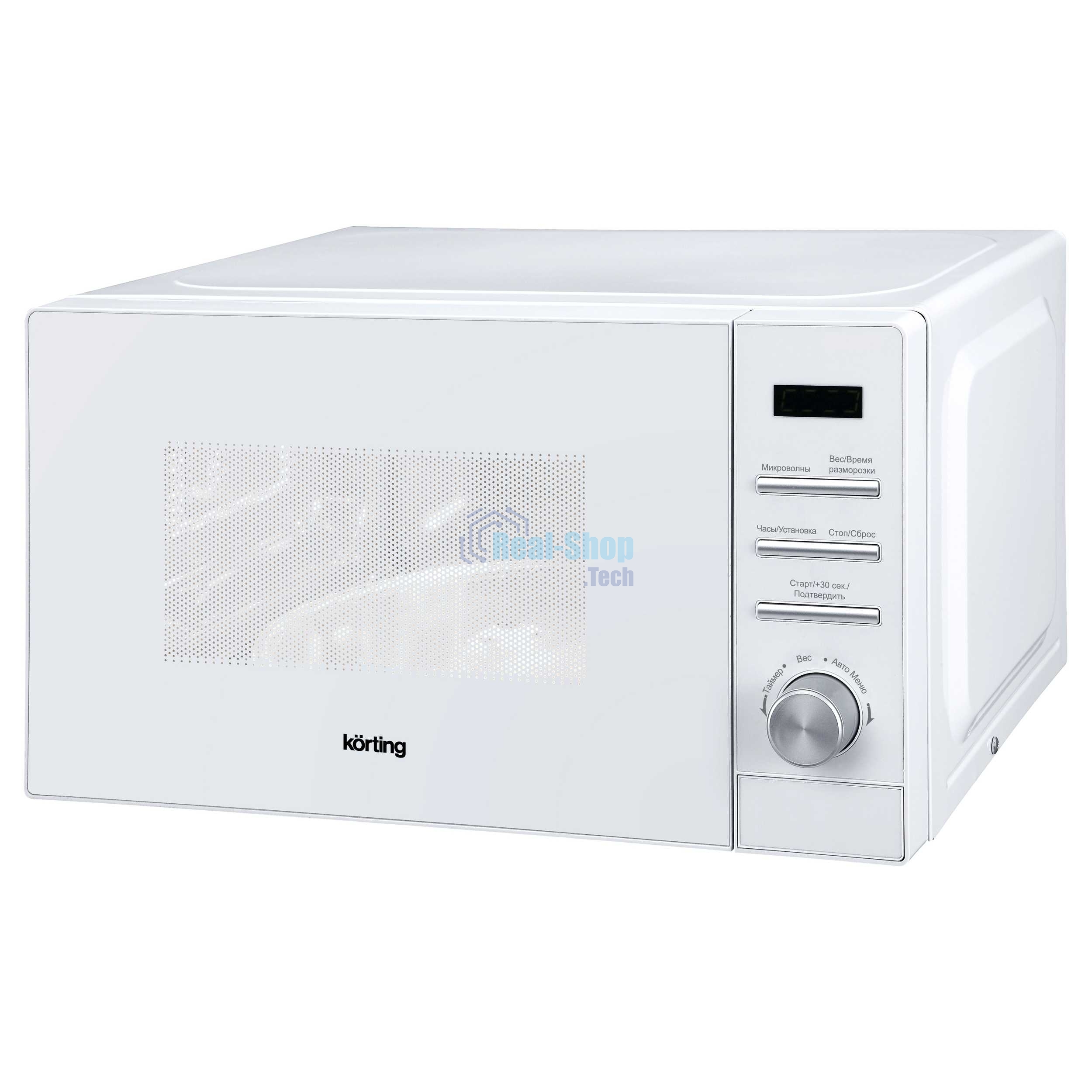 Микроволновая печь Korting KMO 820 GW / панель: белое стекло, кнопки и поворотный регулятор -хром, электронное управление, LED дисплей, объем печи: 20 л, 8 автоматических программ, функции разморозки по весу и по времени, таймер, (ВхШхГ), мм: 259*400*346