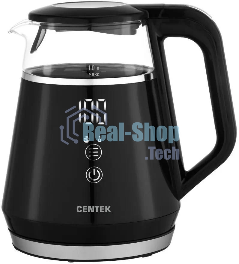 Чайник Centek CT-0019, 1100 Вт, стекло, черный и серебристый