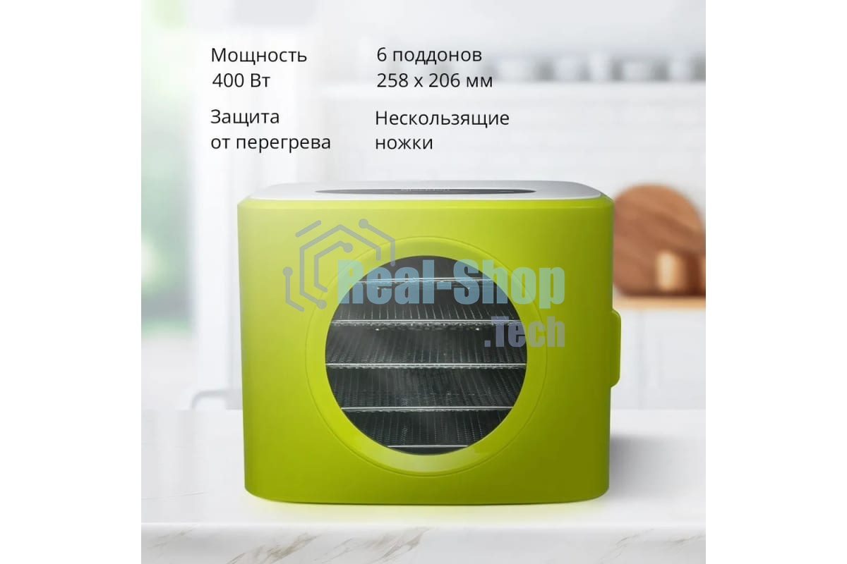 Сушилка для овощей и фруктов Blackton Bt FD1113 зеленый-белый, Мощность 400 Вт, Регулировка температуры 35-80 °С, Таймер 1-72 часа