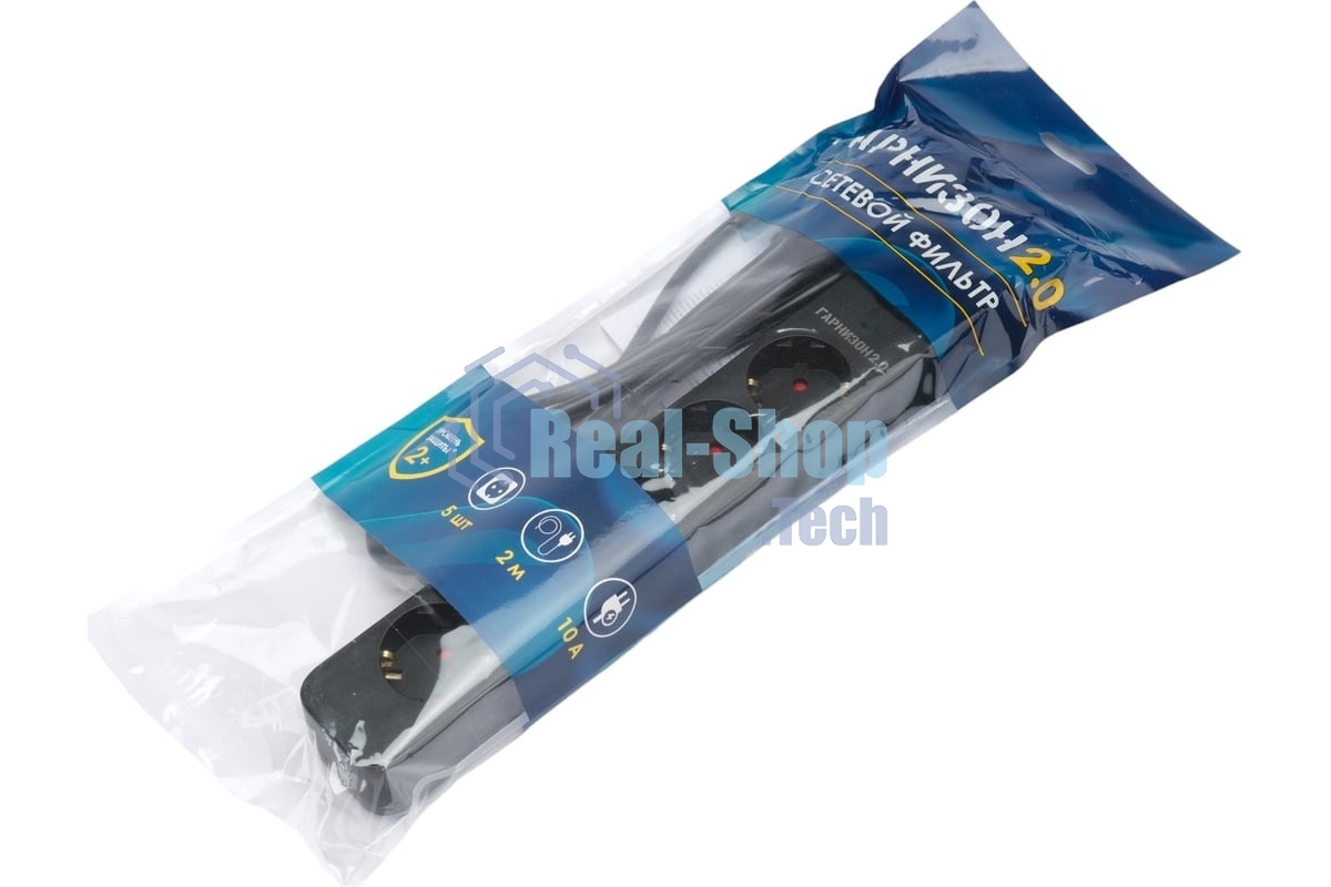 Сетевой фильтр Гарнизон 2.0 EPS-5-B-2, 5 р, 10А, 2 м, ур.защиты 2+, черный, пакет