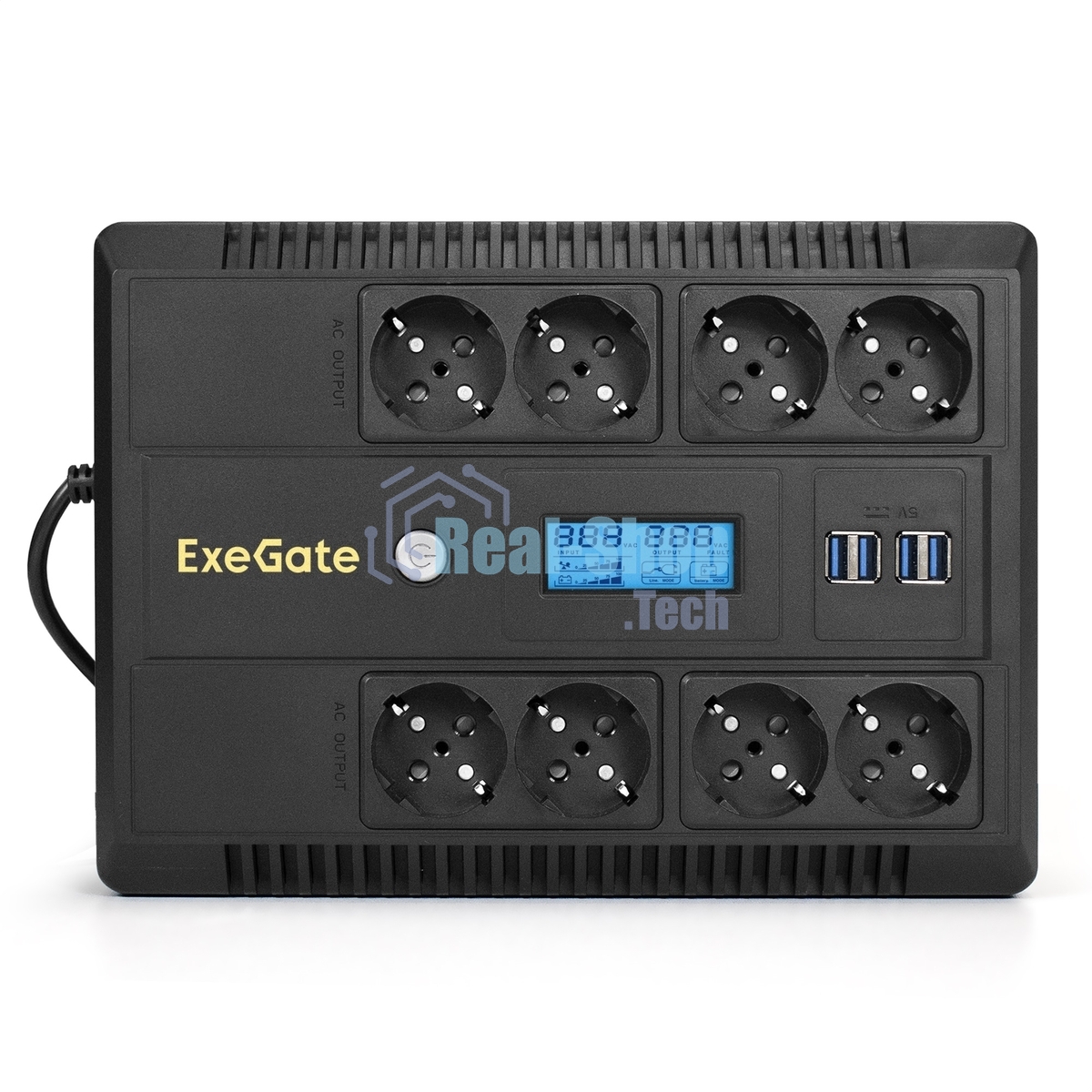 Источник бесперебойного питания ExeGate NEO Smart LHB-1000.LCD.AVR.8SH.CH.USB 1000VA/650W, LCD, AVR, 8*Schuko, USB, 4*USB-порта для зарядки, черный