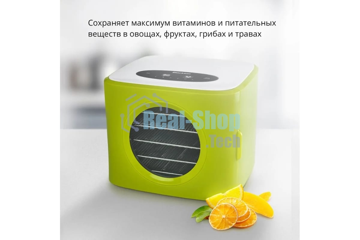 Сушилка для овощей и фруктов Blackton Bt FD1113 зеленый-белый, Мощность 400 Вт, Регулировка температуры 35-80 °С, Таймер 1-72 часа
