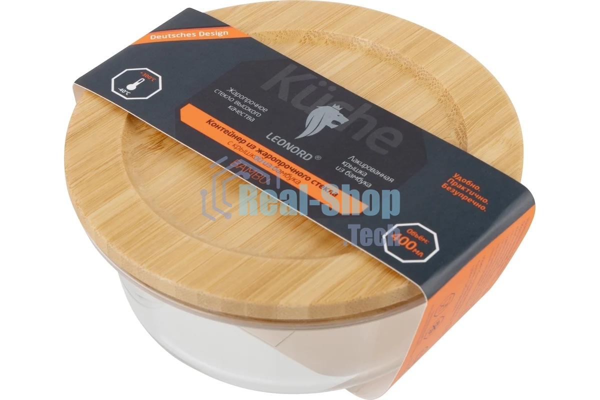 Контейнер LEONORD BAMBU, объем: 400 мл, из жаропрочного стекла с крышкой из бамбука, круглый (106023)