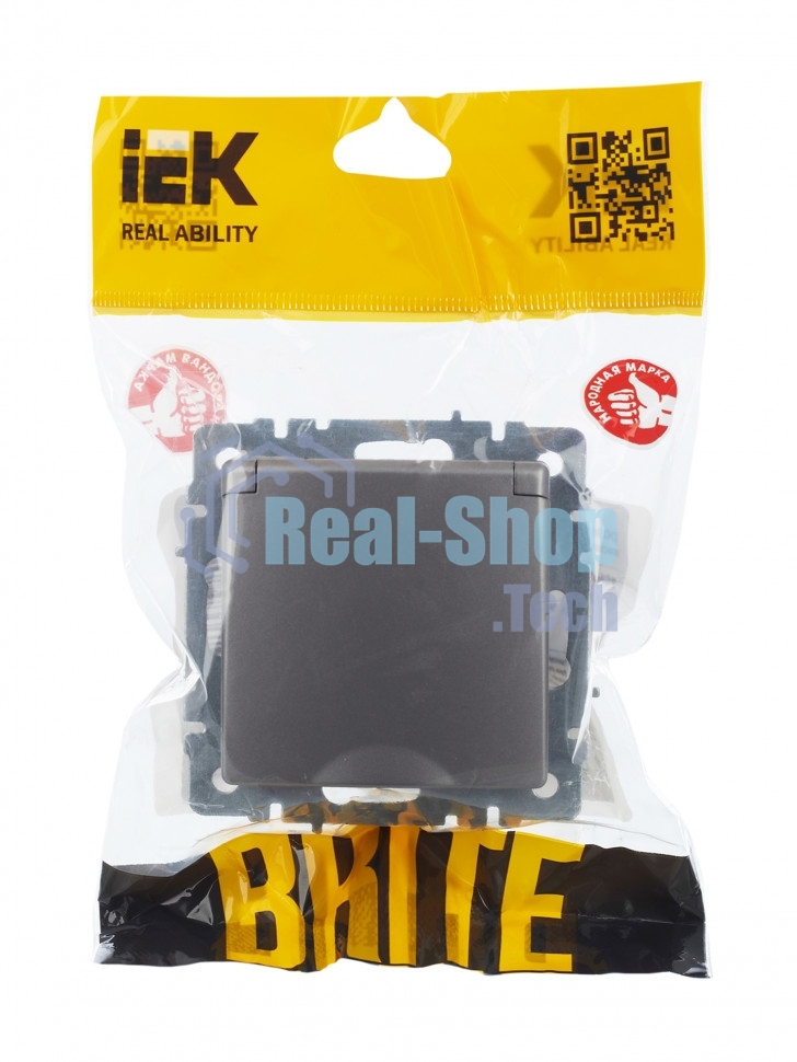 Розетка 1-местная IEK BRITE РСбш10-3-44-БрС с заземлением, с защитными шторками и крышкой, 16А, IP44, сталь