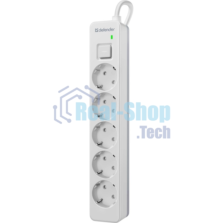 Удлинитель с сетевым фильтром Defender DFS 131, белый, 5 розеток, 1.5 м.