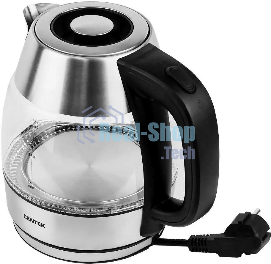 Чайник электрический Centek CT-0018, 1.2л, 1600Вт, стекло, серебристый