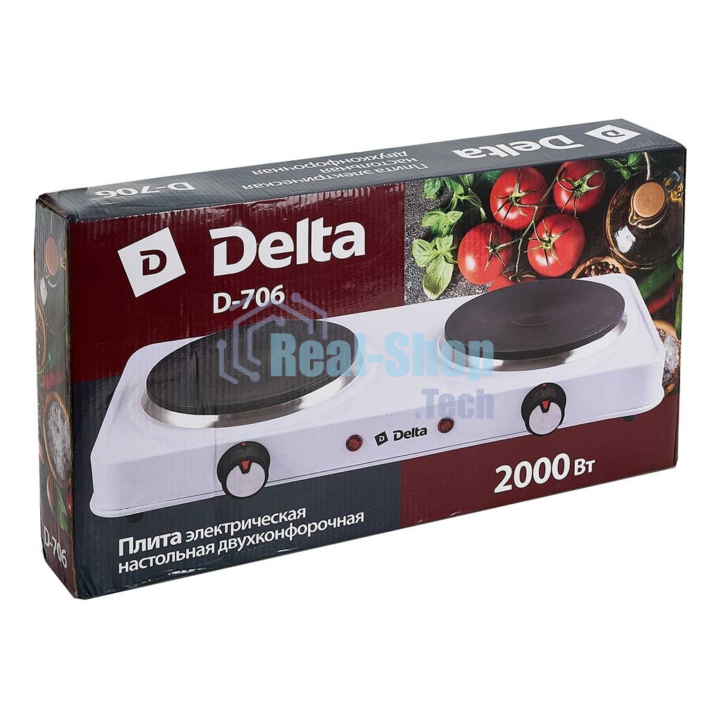 Плита настольная электрическая Delta D-706 белый, 2 кВт, ТЭН, конфорки - 2, эмаль, поворотные переключатели