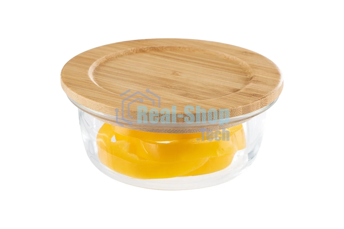 Контейнер LEONORD BAMBU, объем: 400 мл, из жаропрочного стекла с крышкой из бамбука, круглый (106023)