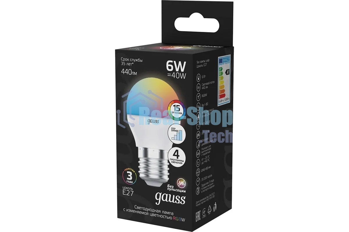 Лампа светодиодная Gauss G45 6W E27 шар RGbW димирование LED 1/100