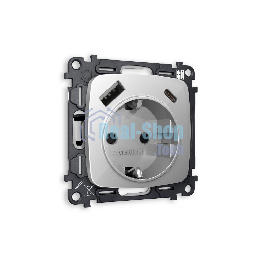 Комплект механизма электрической розетки OMEGA Серебро глянец 2USB A+C 20W (быстрая зарядка) с/з QUANT (OP4100, VM160) MO410010