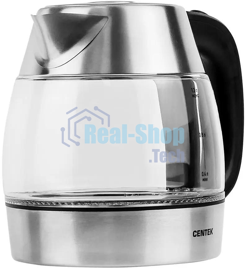 Чайник электрический Centek CT-0018, 1.2л, 1600Вт, стекло, серебристый
