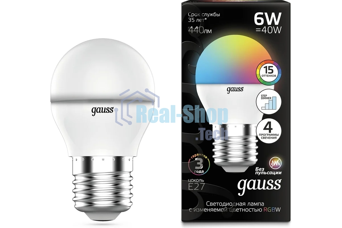 Лампа светодиодная Gauss G45 6W E27 шар RGbW димирование LED 1/100
