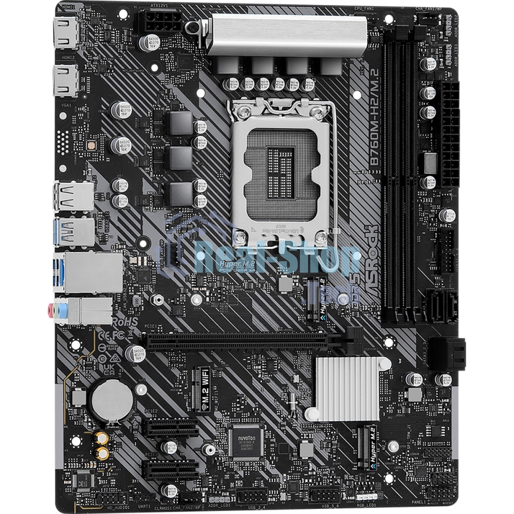Материнская плата ASRock B760M-H2/M.2, LGA 1700, Intel B760, 2xDDR5, 4xSATA, 2xM.2, 1xPCIe 4.0 x16, 2xPCIe x1, 2xHDMI, 1x2.5Gb LAN, 2xUSB-A 3.2 Gen 1, 3xUSB 2.0, 3x3.5 мм, 7.1, mATX
