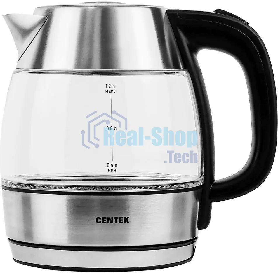 Чайник электрический Centek CT-0018, 1.2л, 1600Вт, стекло, серебристый