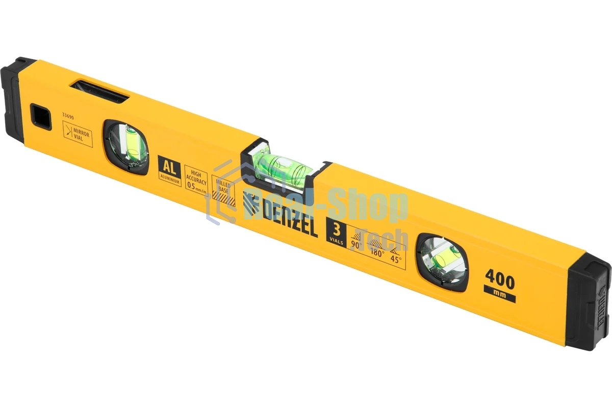 Уровень алюминиевый Denzel магнит., фрезерованный, 3 глазка (1 зеркал.), 0,5 мм/м, 400 мм