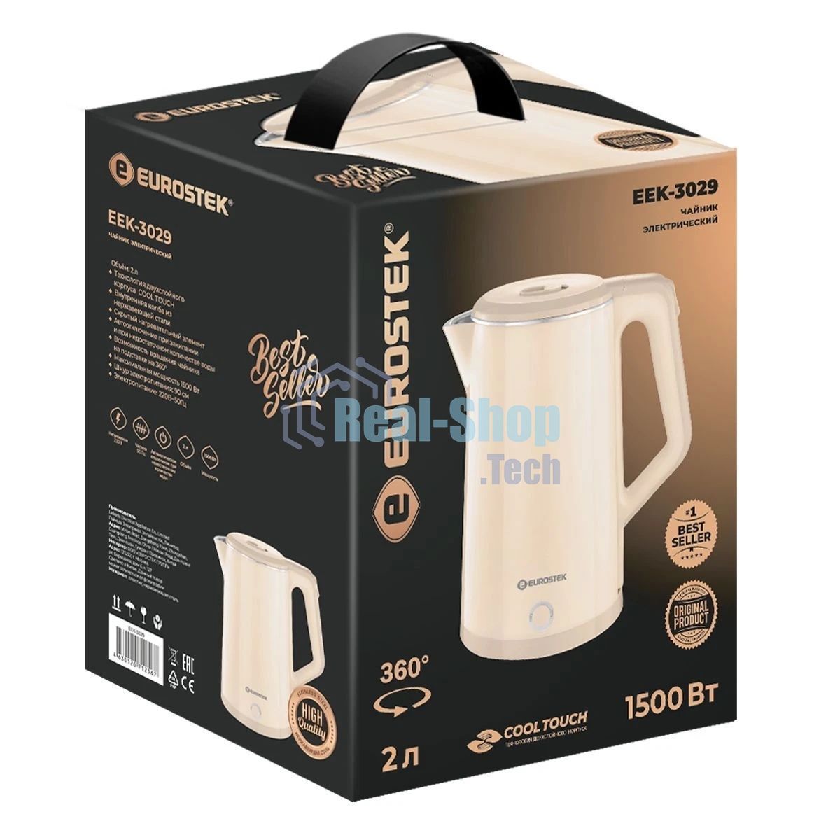 Чайник электрический Eurostek EEK-3029 кремовый, 2 л, 1500 Вт, технология двухслойного корпуса COOL TOUCH