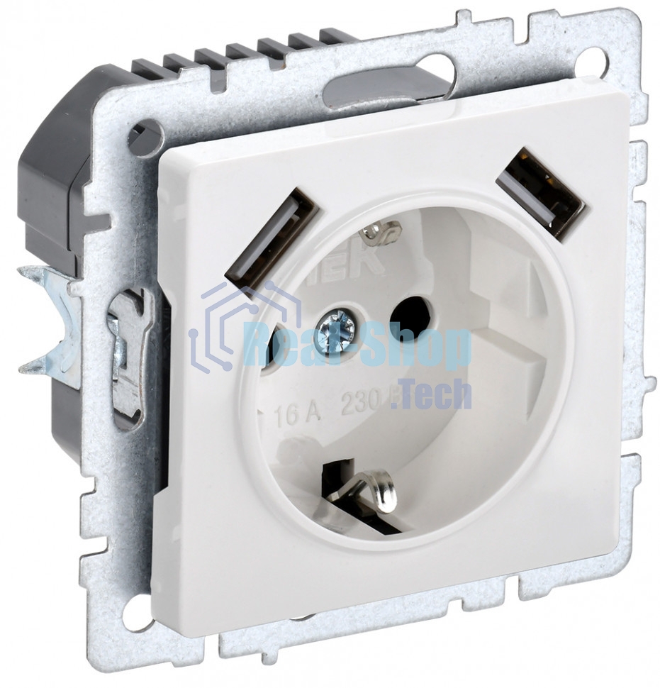 Розетка 1-местная IEK BRITE РЮш10-2-БрБ (BR-R14-16-U21-D31-K01) с заземлением, с защитными шторками, 16А, с USB A+A 5В 3,1А, белый