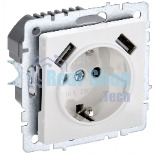 Розетка 1-местная IEK BRITE РЮш10-2-БрБ (BR-R14-16-U21-D31-K01) с заземлением, с защитными шторками, 16А, с USB A+A 5В 3,1А, белый